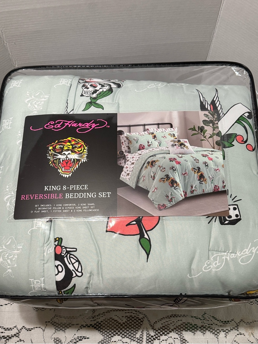 Ed Hardy King 8 Piece Reversible Comforter Bedding Set Snake Jaguar Cowboy Skull